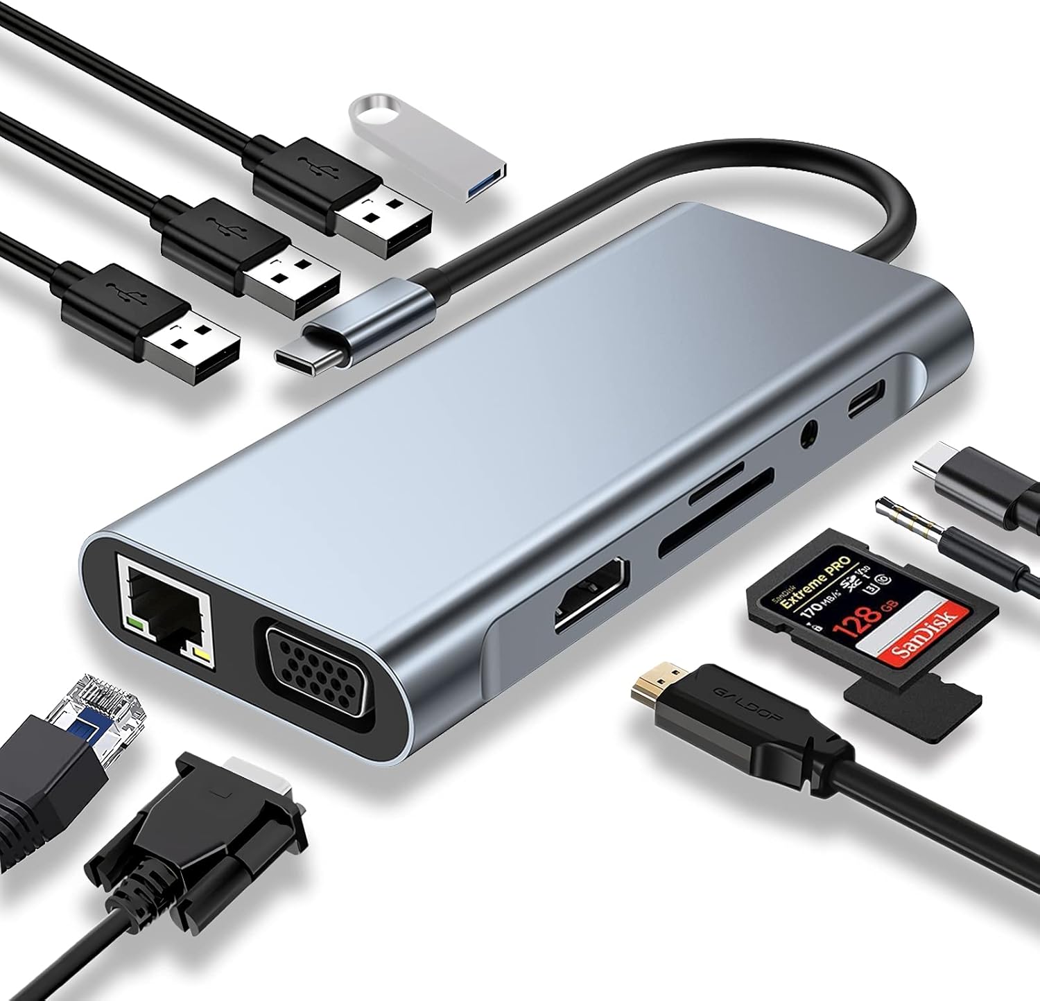 USB C HUB, USB C Adapter 11 in 1 Dongle with 4K
